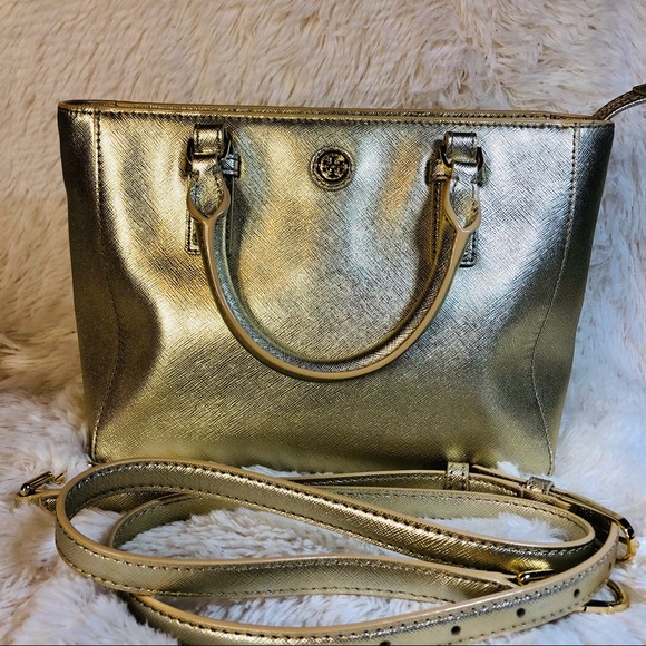 Tory Burch Handbags - Tory Burch gold Emerson mini topzip tote crossbody